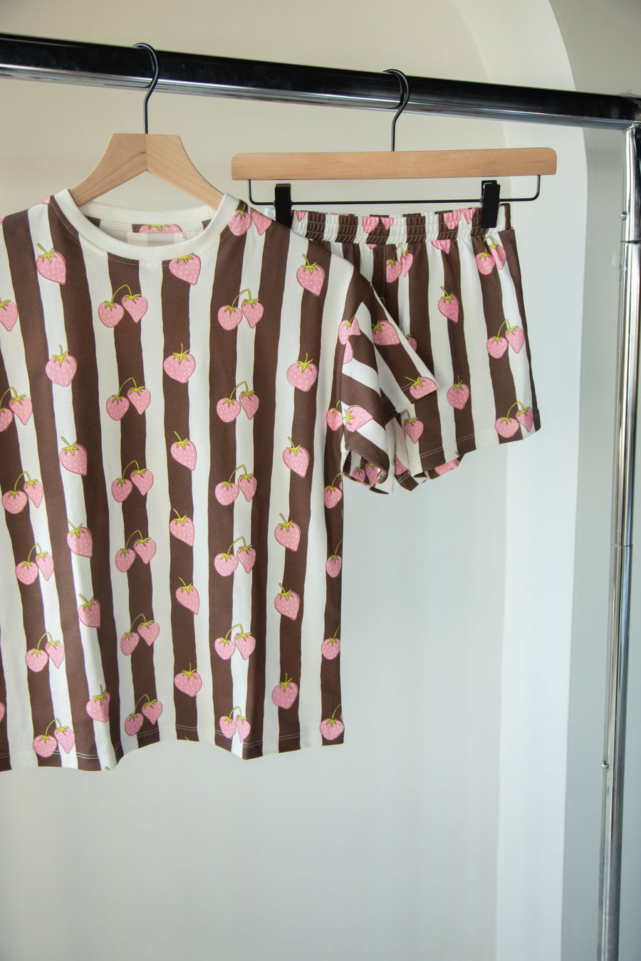 Berry Stripe Set tee and shorts hanging together