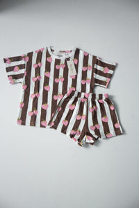 Berry Stripe Set laid flat — strawberry stripe tee with matching shorts